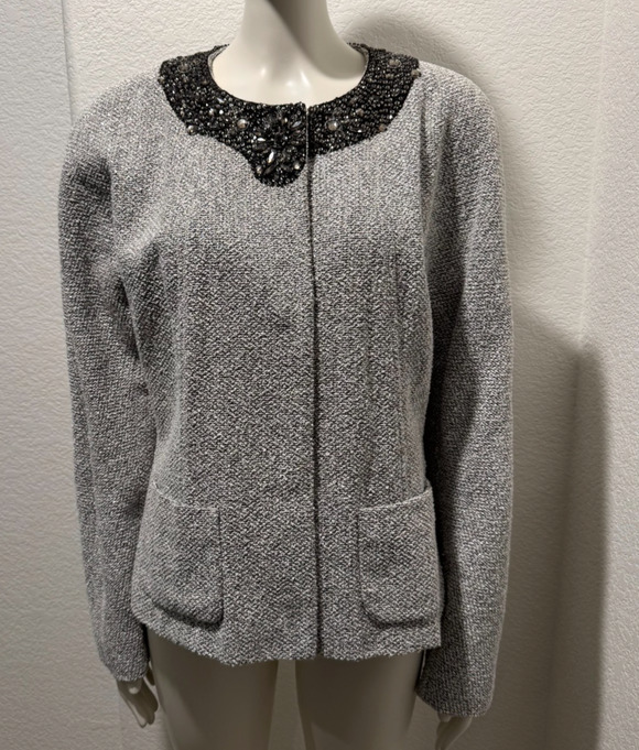 Lafayette 148 New York Jackets & Blazers - Lafayette 148 Embellished Snap Jacket Metallic Silver Tweed Sz 14 Party MOB MOG